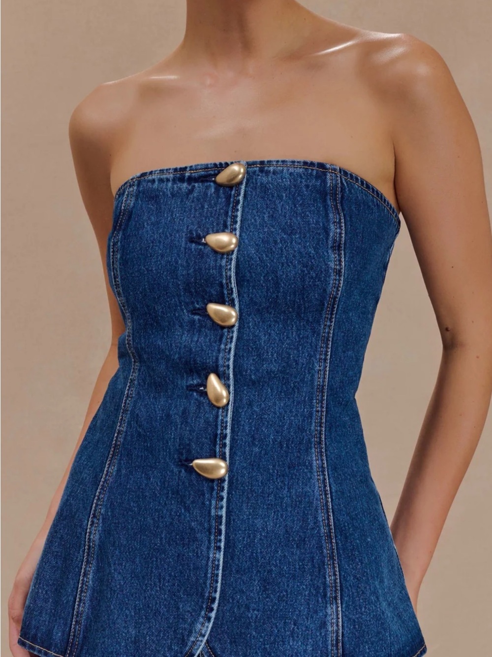 Meshki Strapless Dark Blue Denim Dress with Gold Buttons